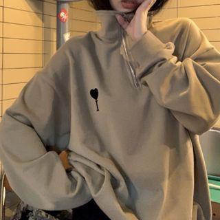 Lettering Embroidered Half-zip Turtleneck Sweatshirt