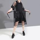 Mesh Short-sleeve Double-pocket Hooded Midi A-line Dress Black - One Size