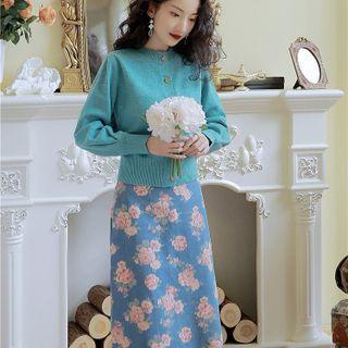 Set: Plain Cardigan + Floral Denim Midi Pencil Skirt
