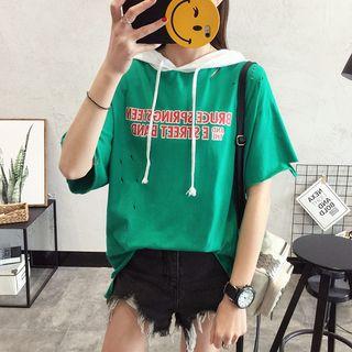 Elbow-sleeve Lettering Hooded T-shirt