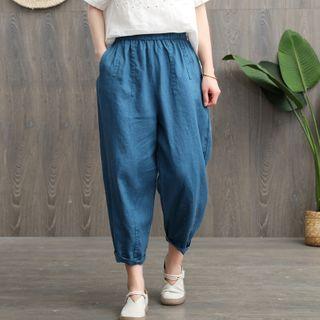 Plain Cropped Elastic-waist Harem Pants