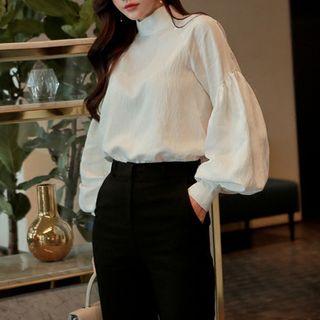 Set: Puff-sleeve Blouse + Straight-leg Pants