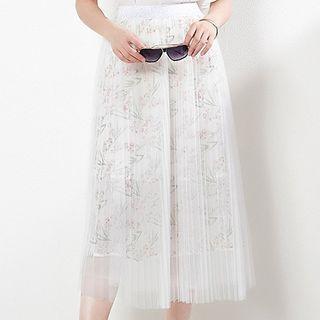 Accordion Pleated Mesh Panel Floral Midi A-line Skirt