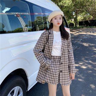 Set: Single-breasted Plaid Blazer + Wide-leg Shorts