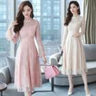 Stand Collar Long-sleeve Midi A-line Lace Dress