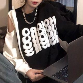 Lettering Cold-shoulder Asymmetrical Sweatshirt