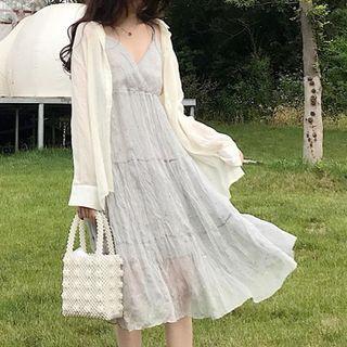 Long-sleeve Shirt / V-neck Strappy Midi Dress