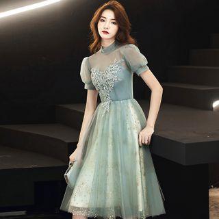 Puff-sleeve Floral A-line Evening Dress