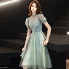 Puff-sleeve Floral A-line Evening Dress