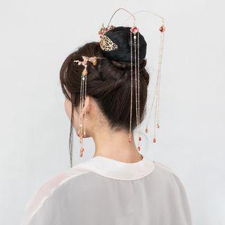 Set : Retro Faux Crystal Tiara + Fringed Earring + Hair Stick Set - Crown & Earrings & Hairpin - Gold - One Size
