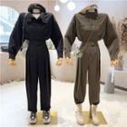 Set : Long-sleeve Stand-collar Plain Shirt + High-waist Harem Pants