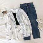 Leaf Print Single-breasted Long-sleeve Blouse White - One Size