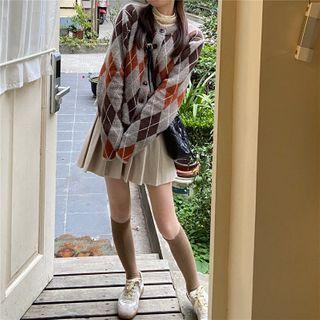Argyle Knit Cardigan + Pleated Mini Skirt
