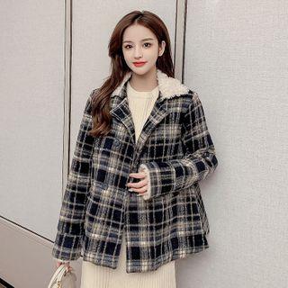 Fleece Panel Double-breasted Plaid Jacket