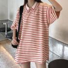 Striped Loose-fit Collared Short-sleeve Top Stripe - One Size