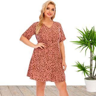 Plus Size Short Sleeve Leopard Print Buttoned A-line Dress