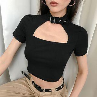 Short-sleeve Buckled Cutout Crop Top