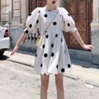 Dotted Short-sleeve A-line Dress Dots - Almond - One Size