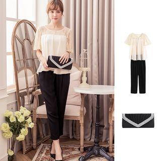 Set: Lace Panel Short-sleeve Top + Straight Fit Pants