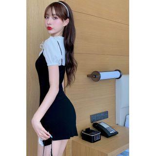 Puff-sleeve Cropped Blouse / Spaghetti Strap Lace Trim Slit Mini Bodycon Dress