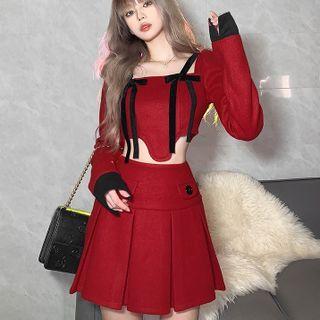 Set: Square-neck Long-sleeve Bow Top + A-line Skirt