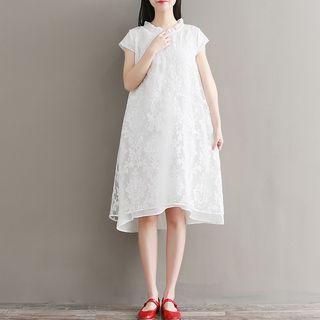 Cap-sleeve Mandarin Collar Lace Dress