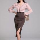 Set: Ruffle Blouse + Slit Pencil Skirt