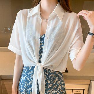 Short-sleeve Tie-front Chiffon Shirt