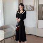 Contrast Trim Collared Long-sleeve Knit Midi A-line Dress