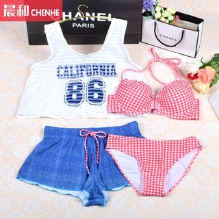 Set: Plaid Bikini + Tank Top + Cover-up Shorts