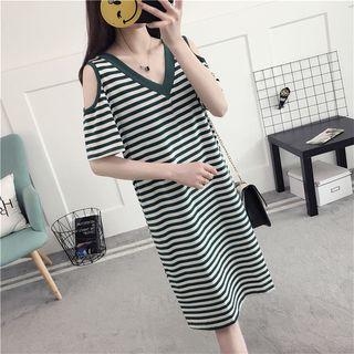 Cold Shoulder Striped Short-sleeve Midi T-shirt Dress