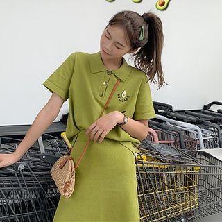 Set: Short-sleeve Avocado Polo Shirt + Mini Skirt Top & Skirt - One Size