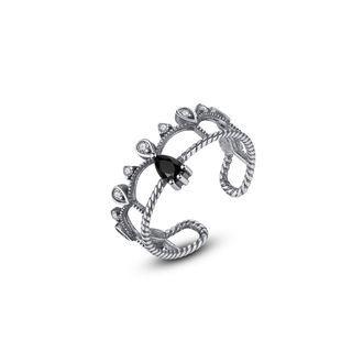 925 Sterling Silver Elegant Fashion Crown Black Cubic Zirconia Adjustable Open Ring Silver - One Size