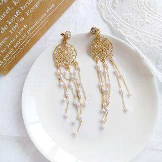 Rhinestone Faux Pearl Dream Catcher Fringed Earring