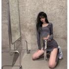 U-neck Plain Long-sleeve Top / High Waist Split Shorts