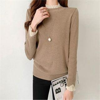 Pleated-trim Rib-knit Top