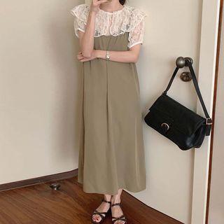 Set: Short-sleeve Layered Collar Lace Top + Spaghetti Strap Midi Shift Dress