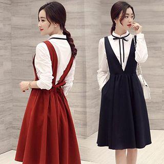 Set : Ribbon Long-sleeve Blouse + Sleeveless Dress