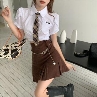 Short-sleeve Tie Neck Shirt / Mini A-line Skirt