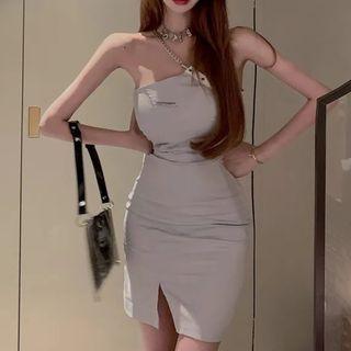 Chain Strap Asymmetrical Slit Mini Sheath Dress