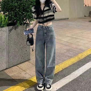 Wide Leg Jeans / Short-sleeve Striped Top