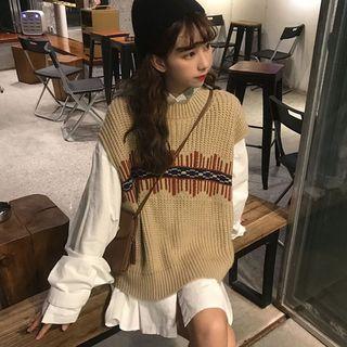 Hooded Shirt / Striped Knit Vest