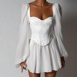 Puff Sleeve Square-neck Mesh Panel Corseted A-line Dress