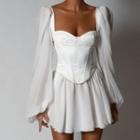 Puff Sleeve Square-neck Mesh Panel Corseted A-line Dress