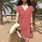 Short-sleeve Frill Trim Patterned Mini Dress Red - One Size