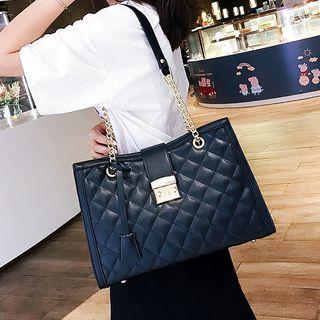 Faux Leather Quilted Push Lock Chain Strap Shoulder Bag