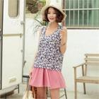 Set: Sleeveless Floral Print Top + Band-waist Shorts