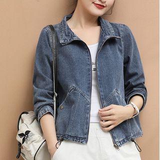 Drawstring-cuff Zip-up Denim Jacket