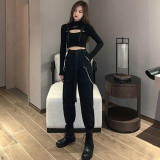 Long-sleeve Cutout Top / Harem Pants / Set