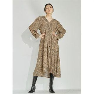 Smocked-trim Printed Shirtdress Beige - One Size